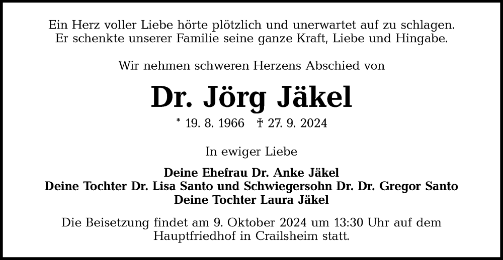  Traueranzeige für Jörg Jäkel vom 04.10.2024 aus Hohenloher Tagblatt