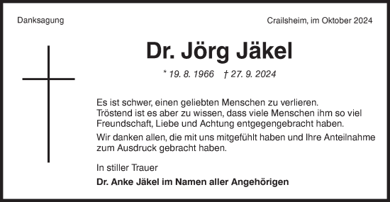 Traueranzeige von Jörg Jäkel von Hohenloher Tagblatt