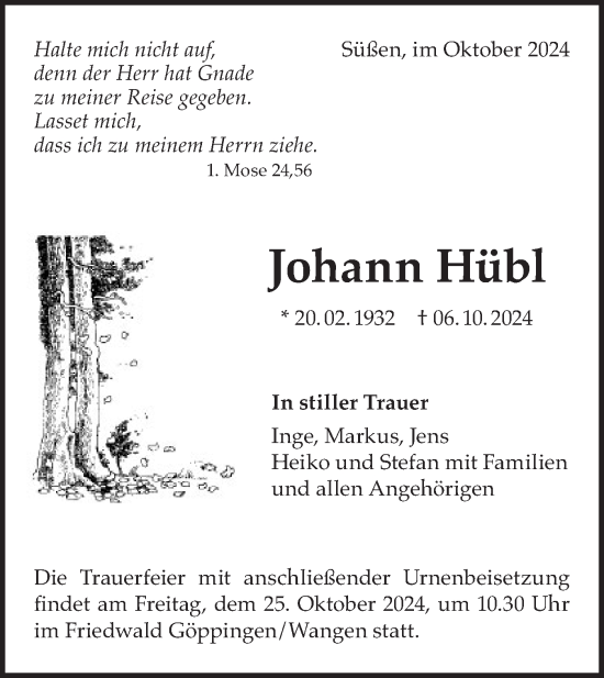 Traueranzeige von Johann Hübl von NWZ Neue Württembergische Zeitung