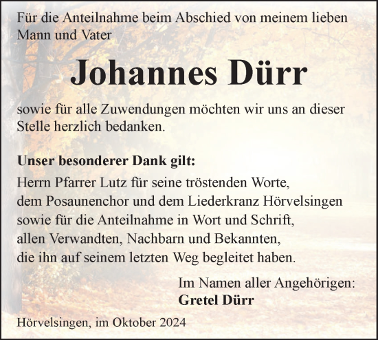 Traueranzeige von Johannes Dürr von SÜDWEST PRESSE Ausgabe Ulm/Neu-Ulm