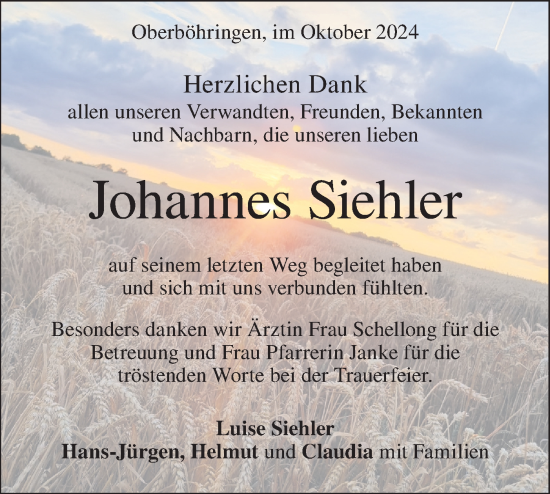 Traueranzeige von Johannes Siehler von Geislinger Zeitung