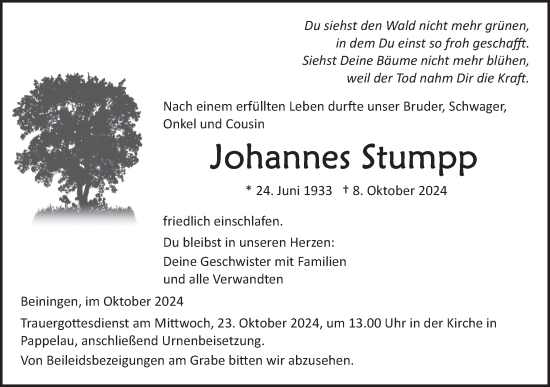 Traueranzeige von Johannes Stumpp von SÜDWEST PRESSE Ausgabe Ulm/Neu-Ulm/Das Blaumännle