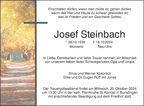 Traueranzeige von Josef Steinbach von SÜDWEST PRESSE Ausgabe Ulm/Neu-Ulm/Neu-Ulmer Zeitung