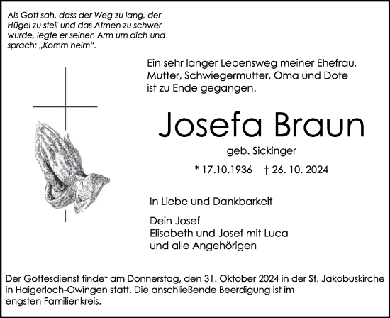 Traueranzeige von Josefa Braun von SÜDWEST PRESSE Zollernalbkreis/Hohenzollerische Zeitung