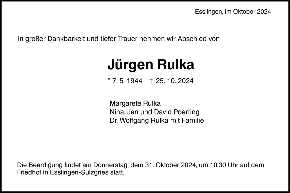  Traueranzeige für Jürgen Rulka vom 30.10.2024 aus NWZ Neue Württembergische Zeitung