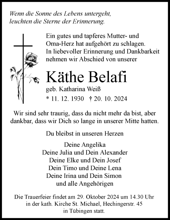 Traueranzeige von Käthe Belafi von Schwäbische Tagblatt