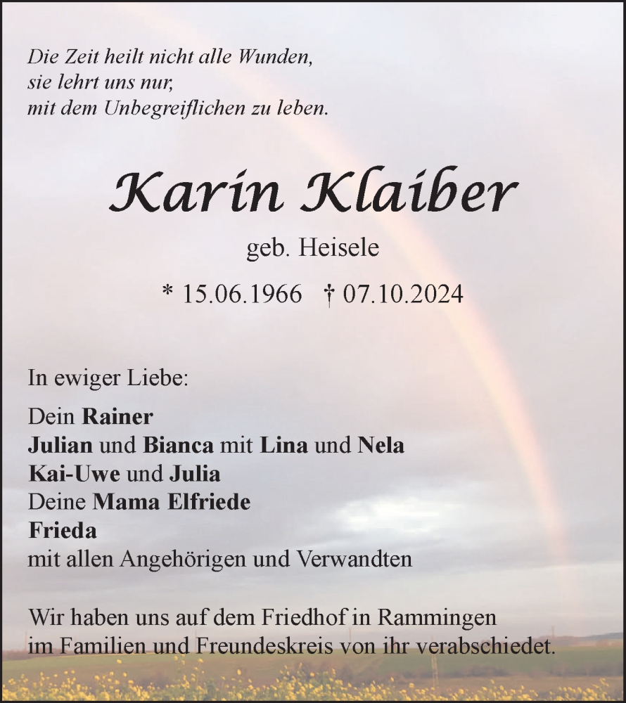  Traueranzeige für Karin Klaiber vom 19.10.2024 aus SÜDWEST PRESSE Ausgabe Ulm/Neu-Ulm