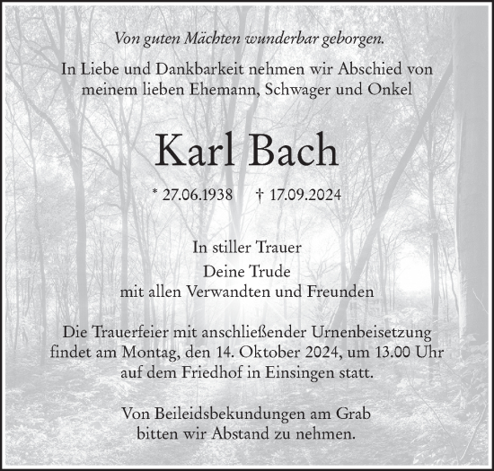 Traueranzeige von Karl Bach von SÜDWEST PRESSE Ausgabe Ulm/Neu-Ulm