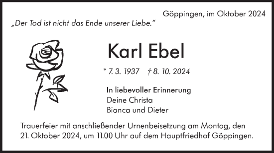 Traueranzeige von Karl Ebel von NWZ Neue Württembergische Zeitung