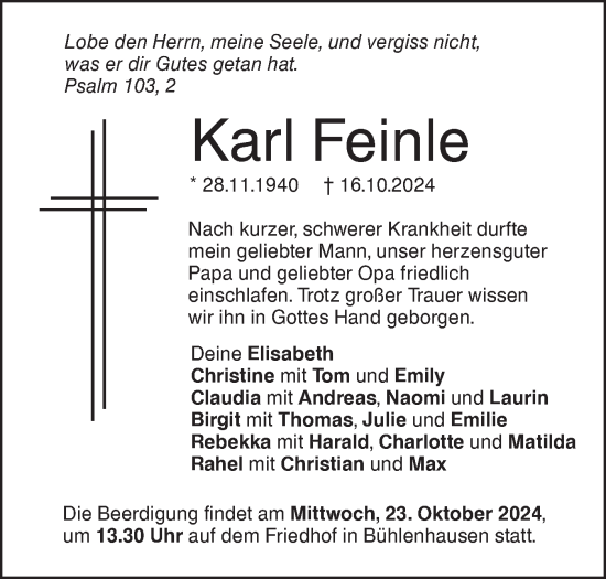 Traueranzeige von Karl Feinle von SÜDWEST PRESSE Ausgabe Ulm/Neu-Ulm