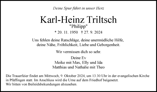 Traueranzeige von Karl-Heinz Triltsch von Neckar-Chronik