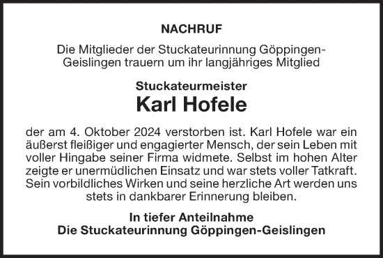 Traueranzeige von Karl Hofele von NWZ Neue Württembergische Zeitung/Geislinger Zeitung