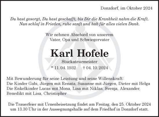 Traueranzeige von Karl Hofele von NWZ Neue Württembergische Zeitung