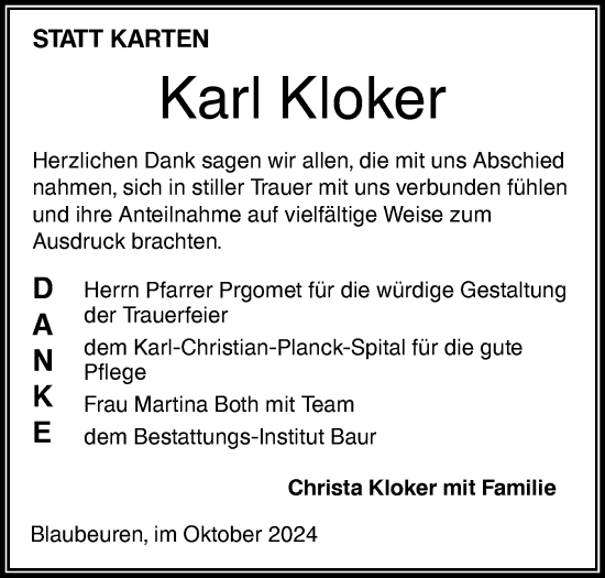 Traueranzeige von Karl Kloker von Das Blaumännle