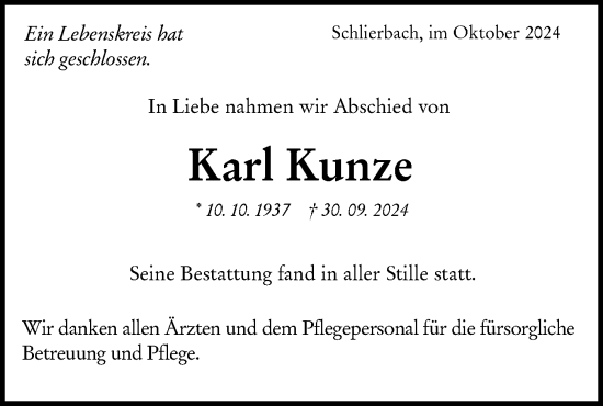 Traueranzeige von Karl Kunze von NWZ Neue Württembergische Zeitung