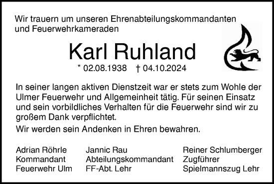 Traueranzeige von Karl Ruhland von SÜDWEST PRESSE Ausgabe Ulm/Neu-Ulm