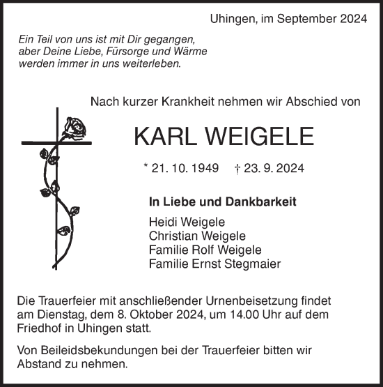 Traueranzeige von Karl Weigele von NWZ Neue Württembergische Zeitung