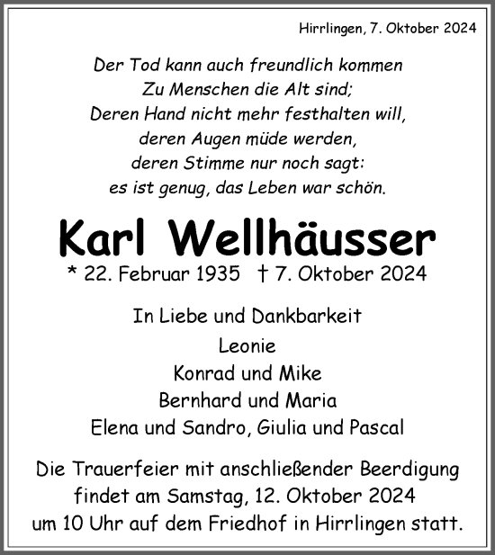 Traueranzeige von Karl Wellhäusser von Schwäbische Tagblatt