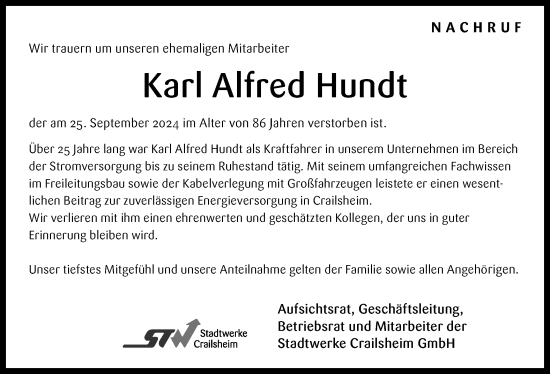 Traueranzeige von Karl Alfred Hundt von Hohenloher Tagblatt