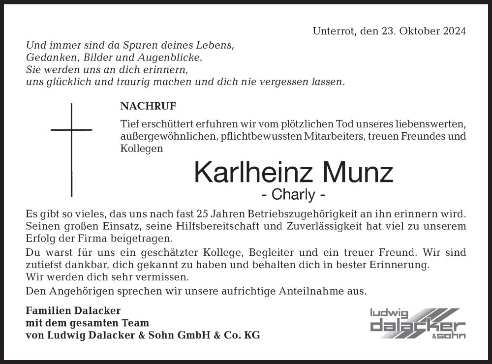  Traueranzeige für Karlheinz Munz vom 26.10.2024 aus Rundschau Gaildorf