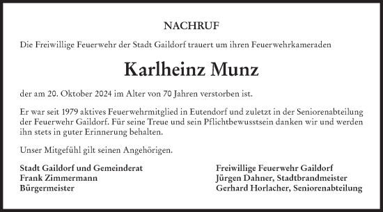 Traueranzeige von Karlheinz Munz von Rundschau Gaildorf