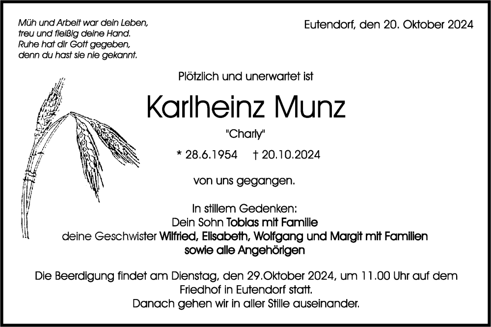  Traueranzeige für Karlheinz Munz vom 25.10.2024 aus Rundschau Gaildorf/Haller Tagblatt