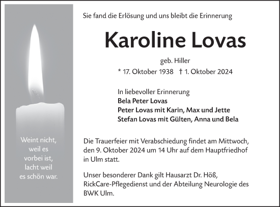 Traueranzeige von Karoline Lovas von SÜDWEST PRESSE Ausgabe Ulm/Neu-Ulm