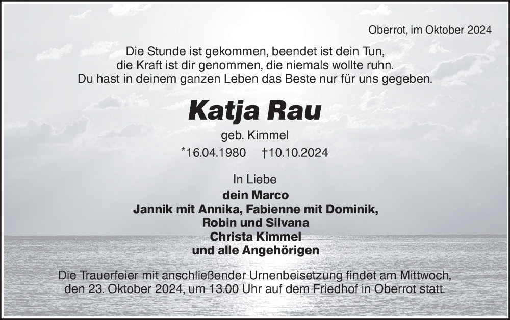  Traueranzeige für Katja Rau vom 19.10.2024 aus Rundschau Gaildorf