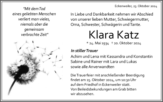 Traueranzeige von Klara Katz von Schwäbische Tagblatt