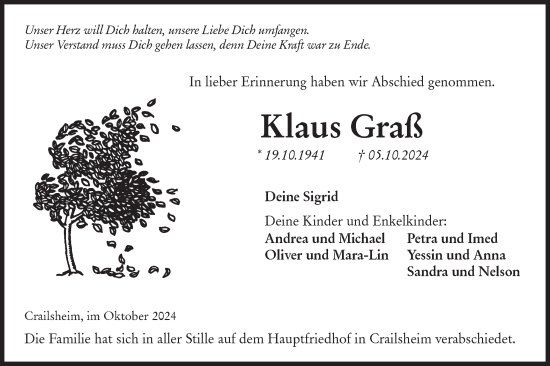 Traueranzeige von Klaus Graß von Hohenloher Tagblatt