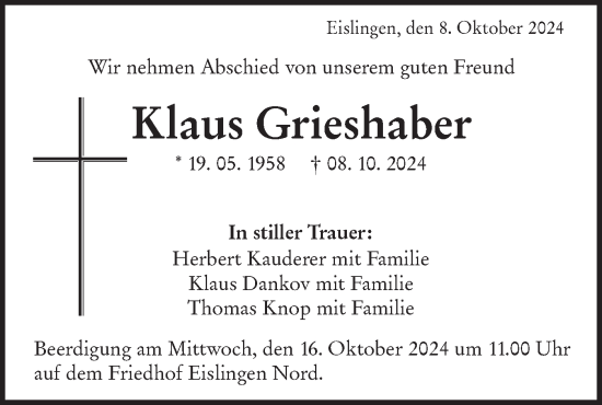 Traueranzeige von Klaus Grieshaber von NWZ Neue Württembergische Zeitung