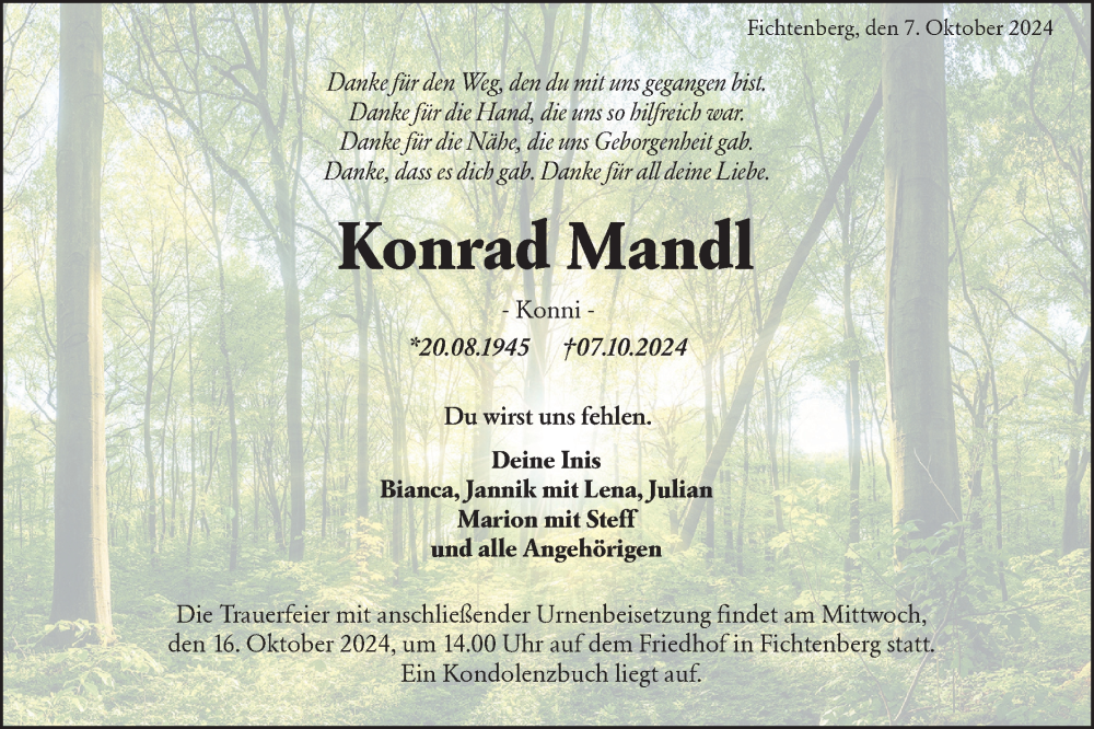  Traueranzeige für Konrad Mandl vom 12.10.2024 aus Rundschau Gaildorf