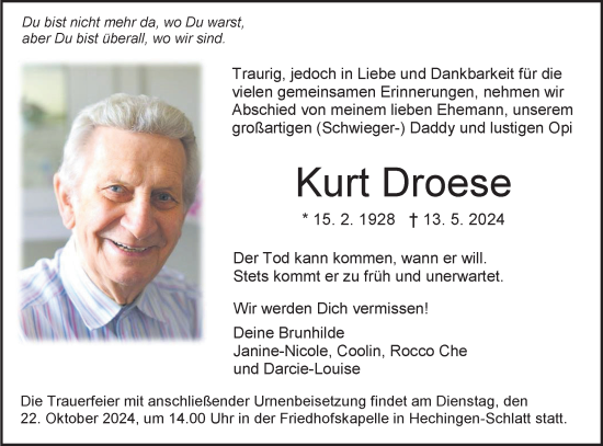 Traueranzeige von Kurt Droese von SÜDWEST PRESSE Zollernalbkreis/Hohenzollerische Zeitung