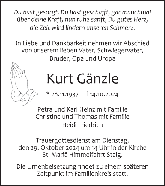 Traueranzeige von Kurt Gänzle von SÜDWEST PRESSE Ausgabe Ulm/Neu-Ulm