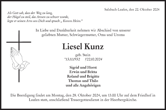 Traueranzeige von Liesel Kunz von Rundschau Gaildorf