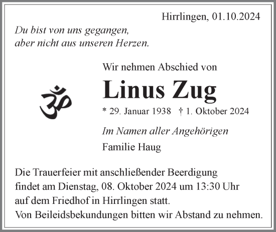 Traueranzeige von Linus Zug von Neckar-Chronik