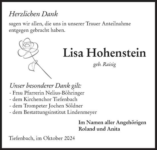 Traueranzeige von Lisa Hohenstein von Hohenloher Tagblatt