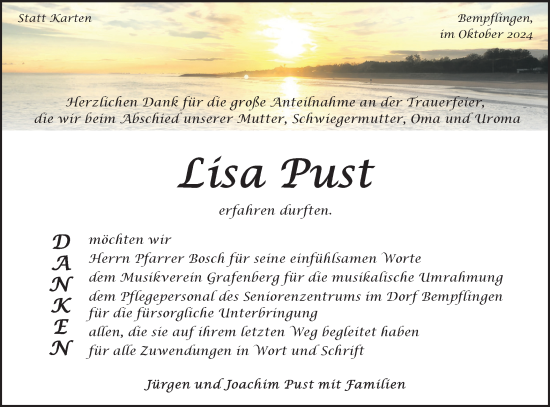 Traueranzeige von Lisa Pust von Alb-Bote/Metzinger-Uracher Volksblatt