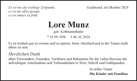 Traueranzeige von Lore Munz von Rundschau Gaildorf