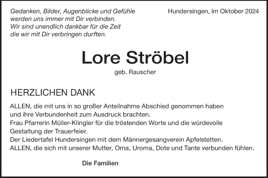 Traueranzeige von Lore Ströbel von Alb-Bote/Metzinger-Uracher Volksblatt