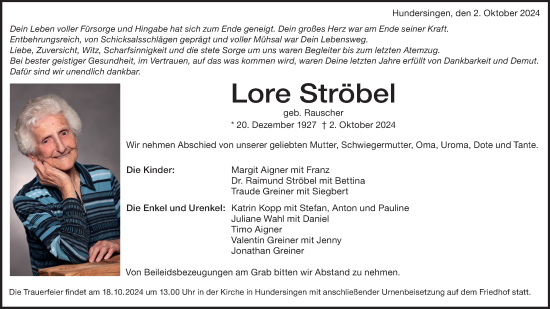 Traueranzeige von Lore Ströbel von Alb-Bote/Metzinger-Uracher Volksblatt