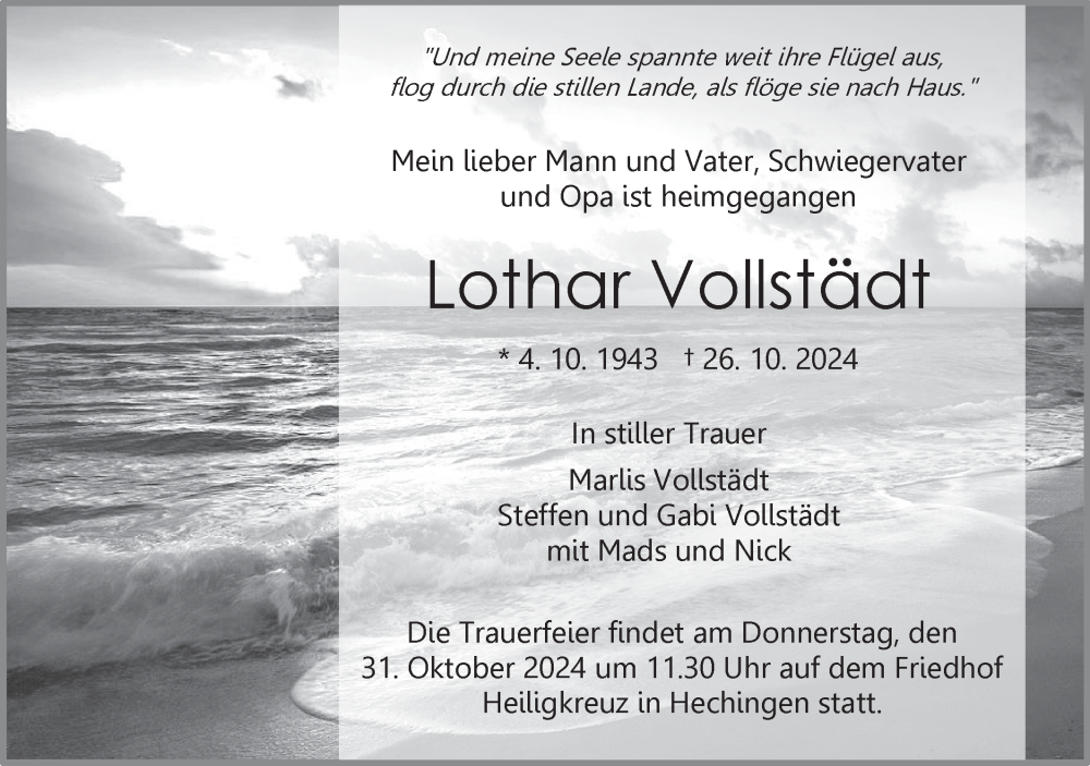  Traueranzeige für Lothar Vollstädt vom 29.10.2024 aus SÜDWEST PRESSE Zollernalbkreis/Hohenzollerische Zeitung