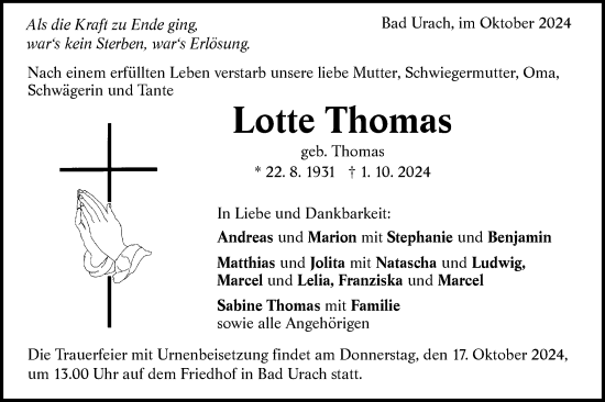 Traueranzeige von Lotte Thomas von Alb-Bote/Metzinger-Uracher Volksblatt