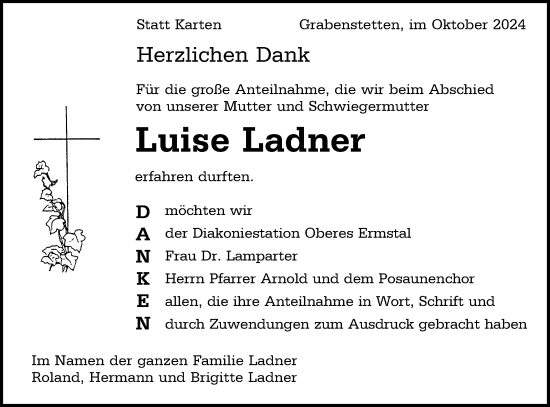 Traueranzeige von Luise Ladner von Alb-Bote/Metzinger-Uracher Volksblatt