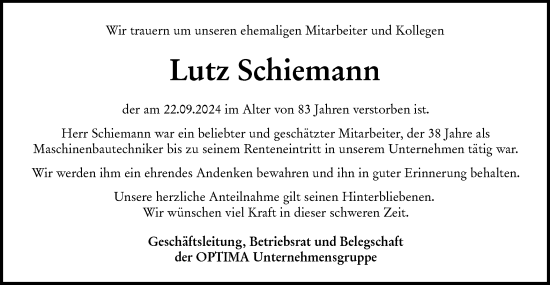 Traueranzeige von Lutz Schiemann von Haller Tagblatt