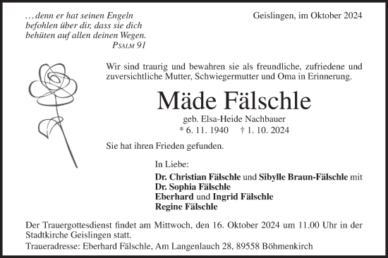 Traueranzeige von Mäde Fälschle von Geislinger Zeitung