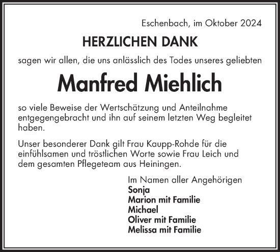 Traueranzeige von Manfred Miehlich von NWZ Neue Württembergische Zeitung