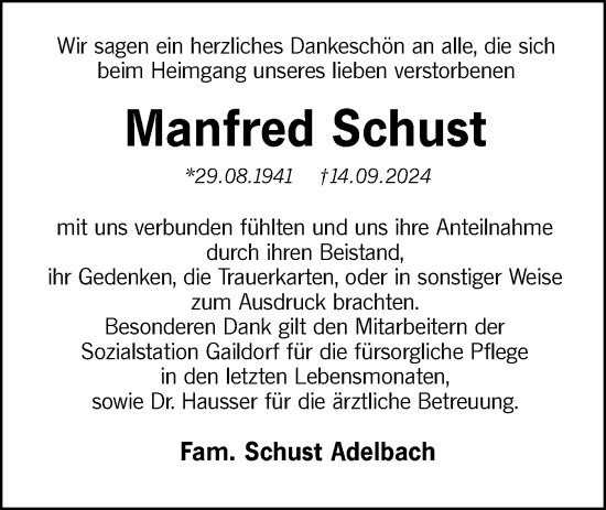 Traueranzeige von Manfred Schust von Rundschau Gaildorf