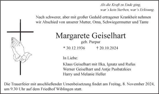 Traueranzeige von Margarete Geiselhart von SÜDWEST PRESSE Ausgabe Ulm/Neu-Ulm