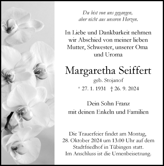 Traueranzeige von Margaretha Seiffert von Schwäbische Tagblatt